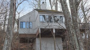 Une maison à deux étages, dotée d’un toit plat et entourée d’arbres.