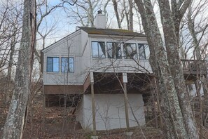 A two-story house with a flat roof, surrounded by trees. - Ski in Style @ Sapphire Squirrel (Wintergreen Resort)