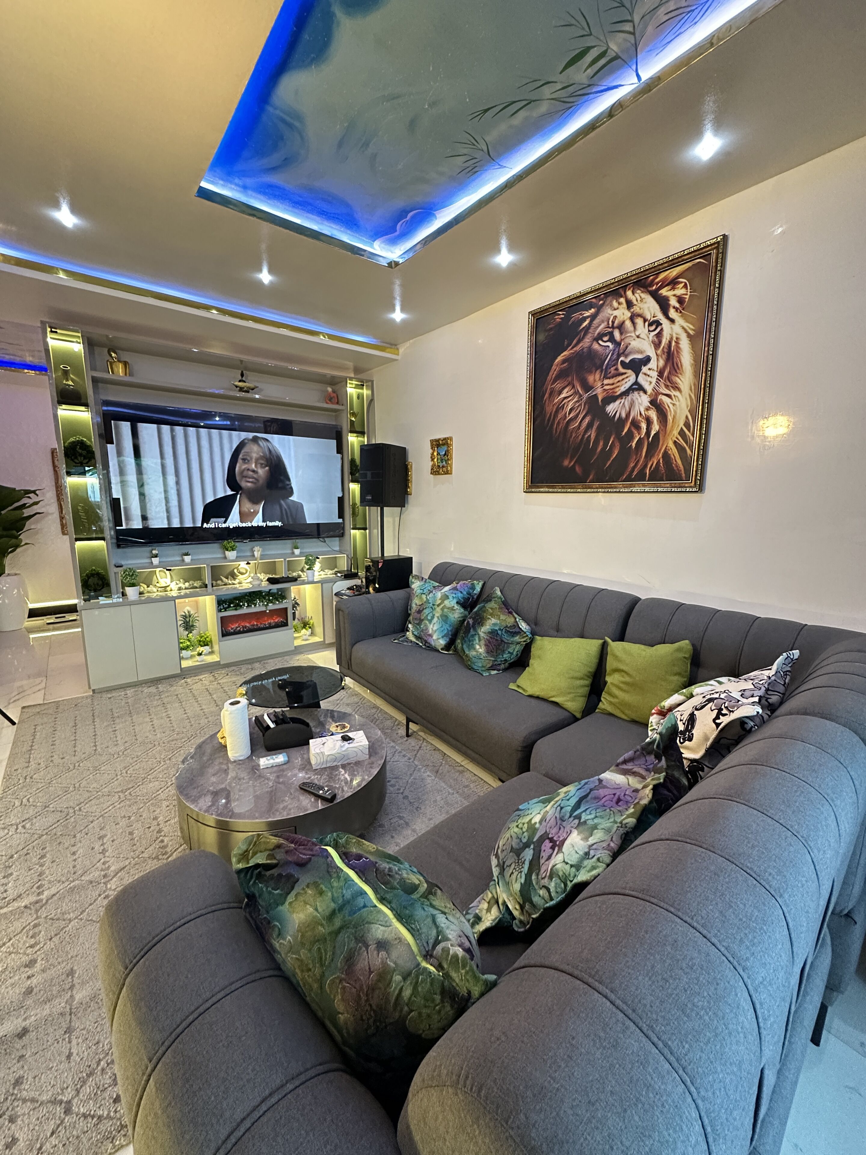 Een moderne woonkamer met een grijze bank, een salontafel en een televisie.