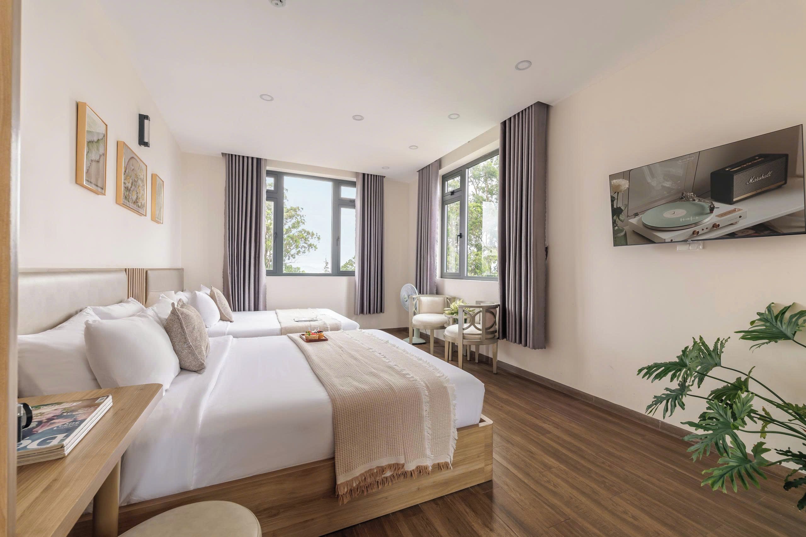 Una habitación de hotel con cama, mesitas de noche, televisión y una planta.