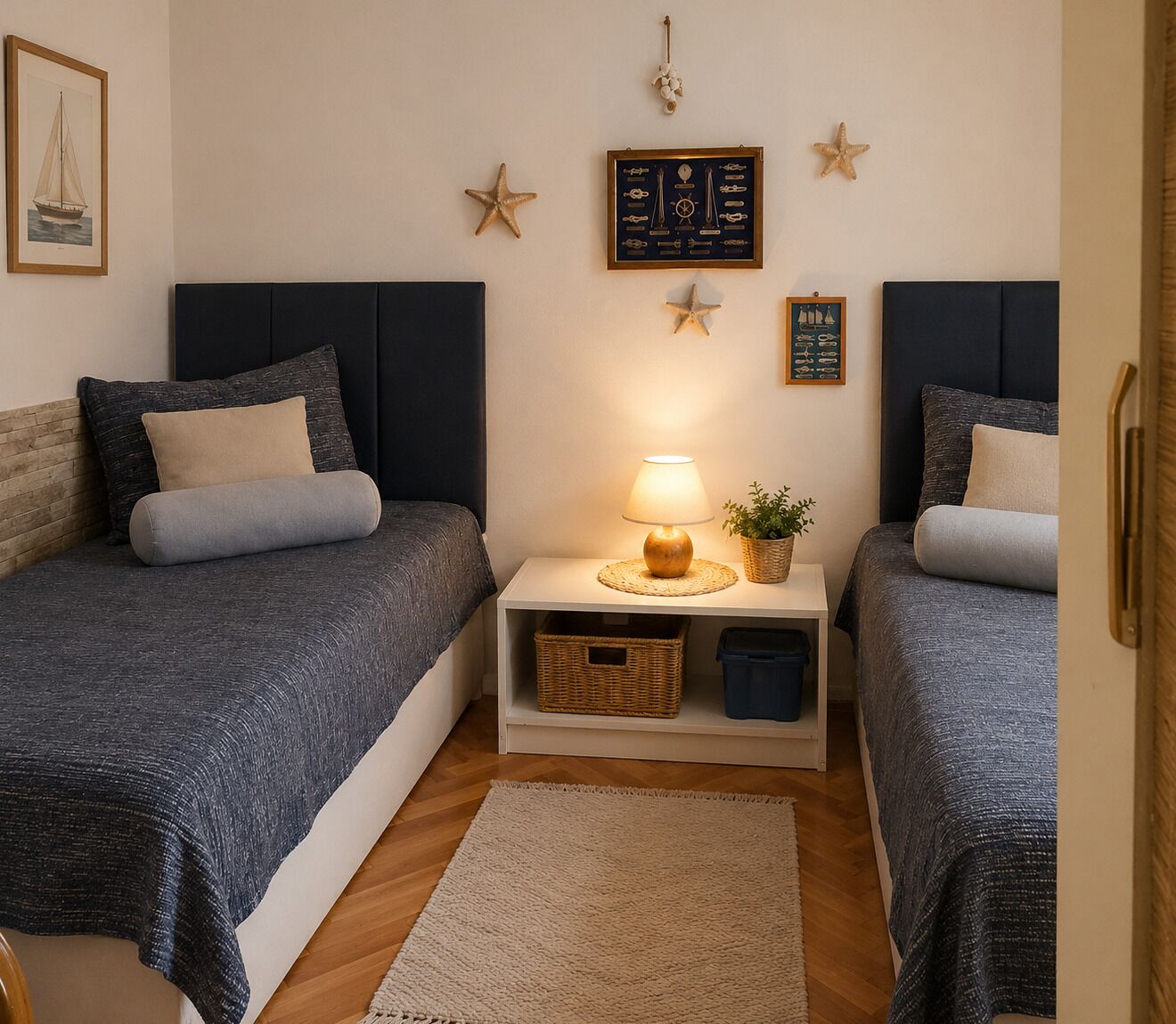 Quarto com duas camas, uma mesa de cabeceira com abajur, decoração com estrelas e um mapa náutico emoldurado.