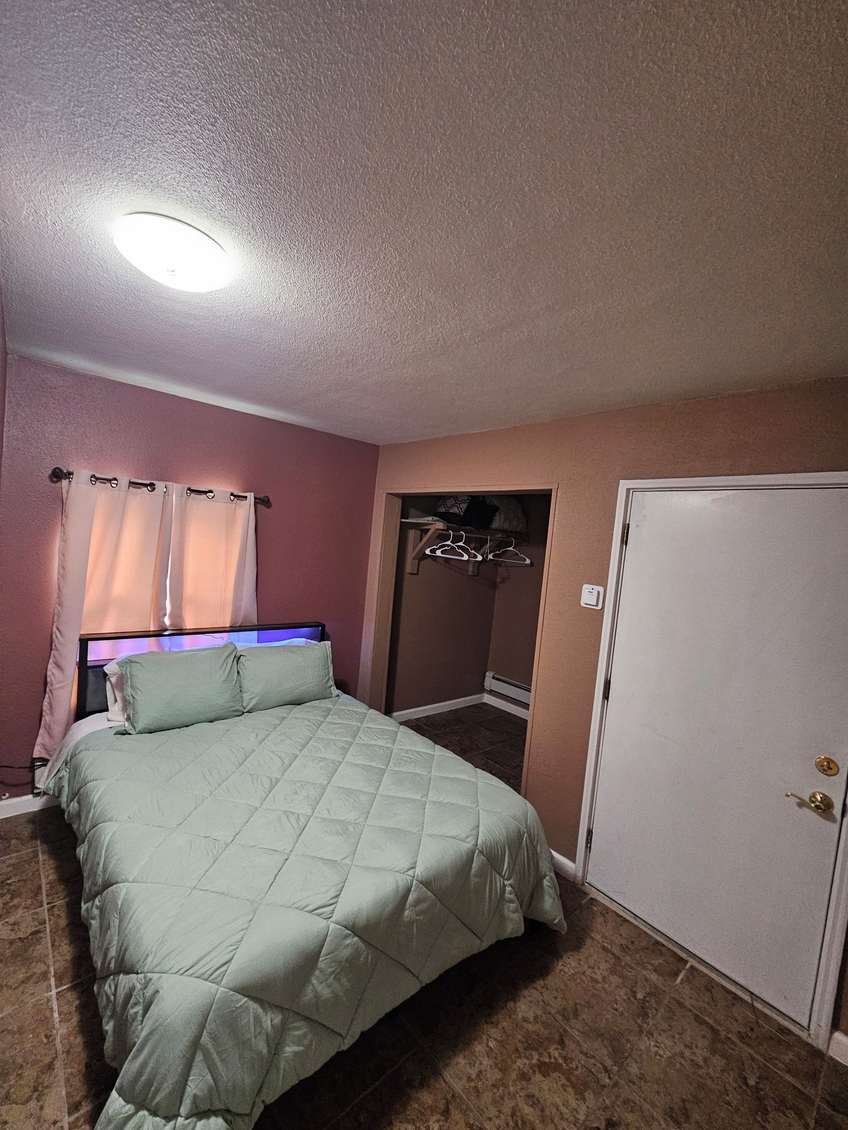 A bedroom with a bed, a closet, and a door.