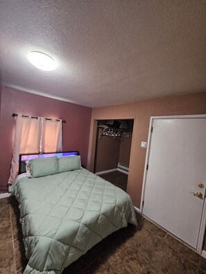 A bedroom with a bed, a closet, and a door.