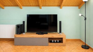 Une pièce avec un plafond en bois, un téléviseur posé sur un meuble en bois, un haut-parleur, une lampe sur pied et un radiateur.