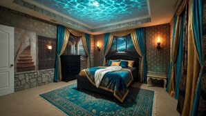 Ein Schlafzimmer mit einem Bett, einem Nachttisch, einer Wandlampe und einem Teppich mit Muster.