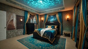 Ein Schlafzimmer mit einem Bett, einem Nachttisch, einer Wandlampe und einem Teppich mit Muster.