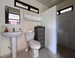 Ein Badezimmer mit Waschbecken, Toilette und grauem Schrank.