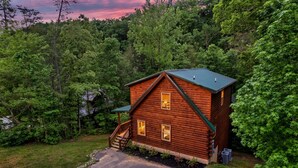 Une cabane en rondins avec un toit végétalisé, un porche à l’avant et un escalier menant à l’entrée.