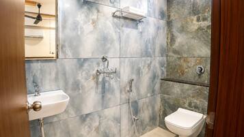 Shower, slippers, towels, soap