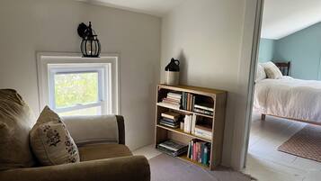 Smart TV, fireplace, DVD player, books