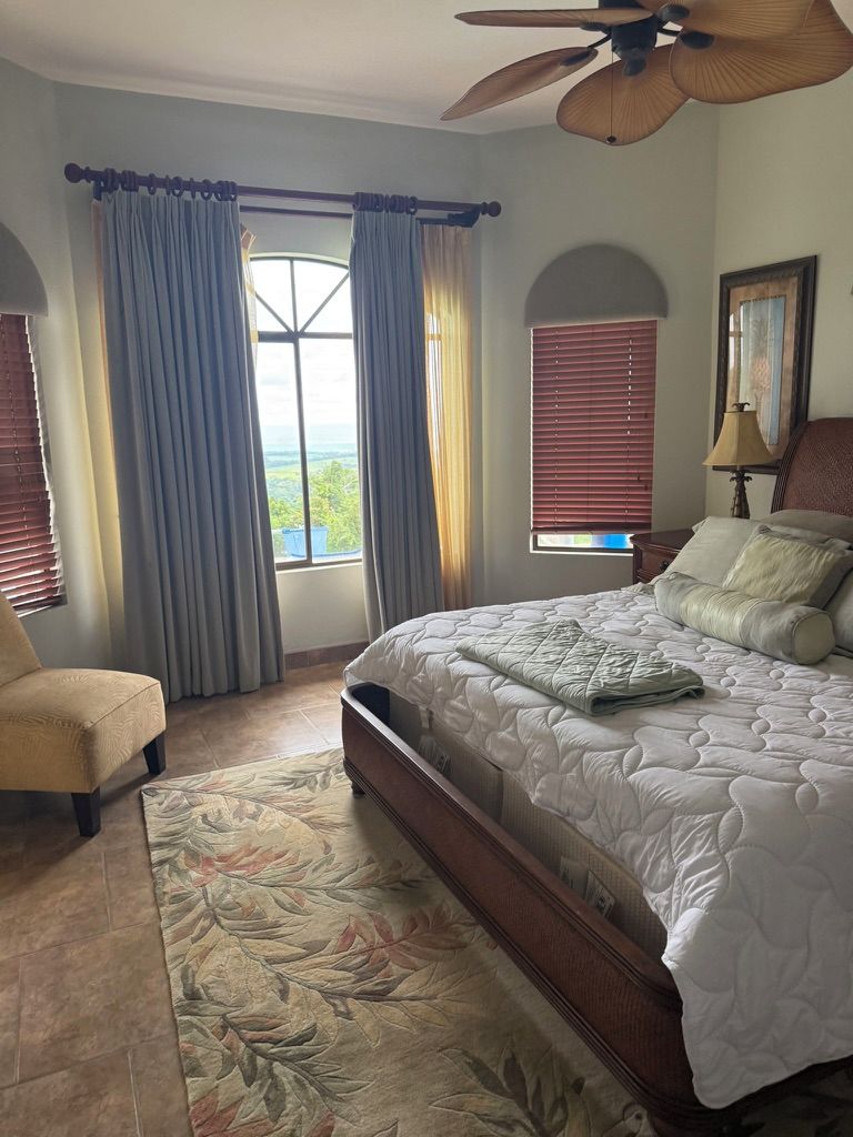 A bedroom with a bed, a chair, a window with curtains, a ceiling fan, and a view of the outdoors.