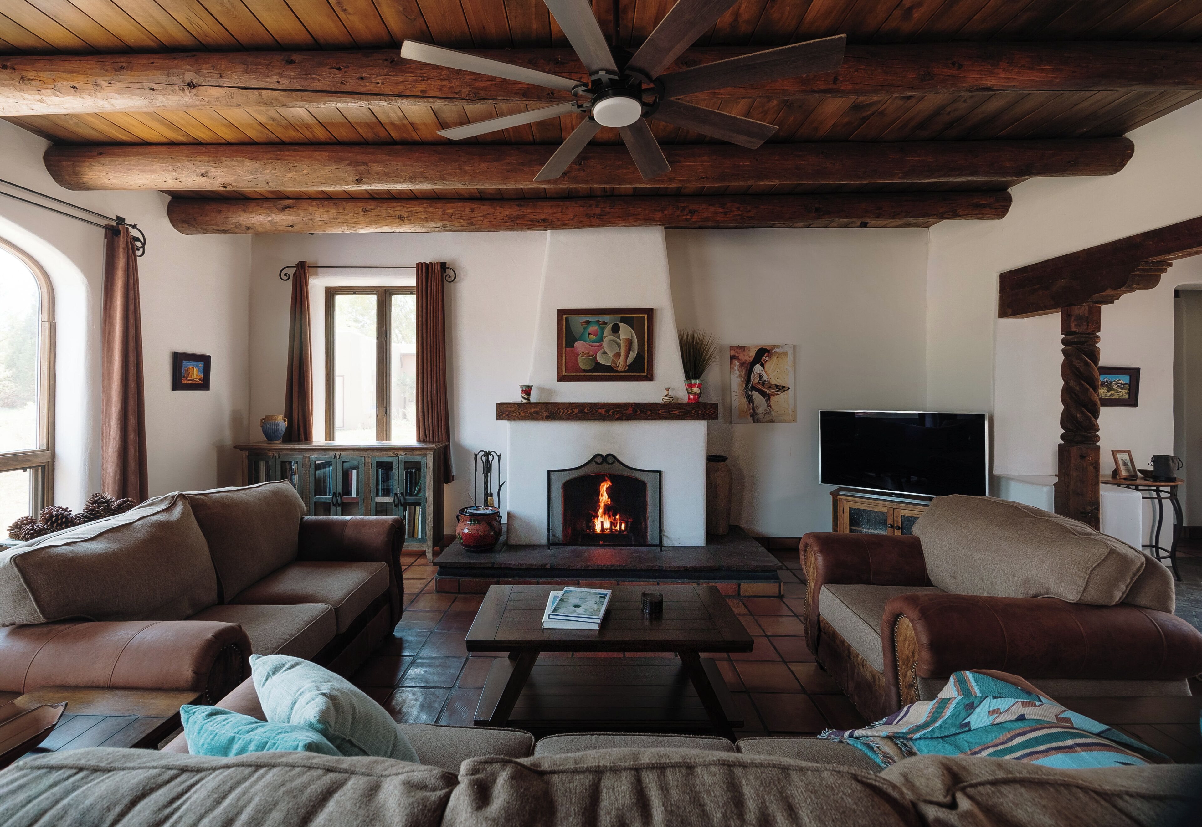 Smart TV, chimenea, libros