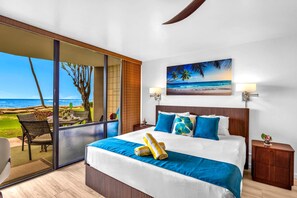 The king size bed features luxurious hotel grade linens for ultimate comfort - Valley Isle Villas | Oceanfront Studio | Car Incl. w/ 6+ Nights | VIR-107 by KBM (Lahaina)