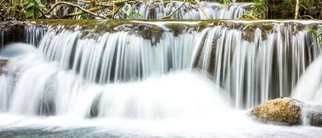 A waterfall with water cascading over rocks, surrounded by greenery.