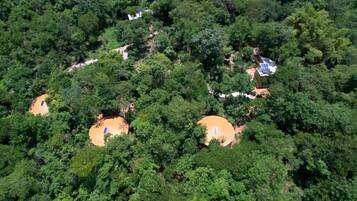 A forested area with three circular structures, possibly cabins, surrounded by dense trees.