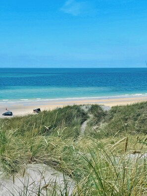 A beach with a clear sky, a sandy shore, and a path leading to the water.