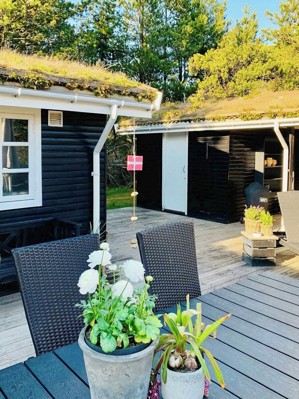 Eine Holzterrasse mit Gartenmöbeln, Blumentöpfen und einem kleinen Gebäude mit einer Flagge.