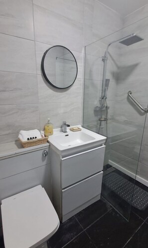 Regadera, toallas, papel de baño 