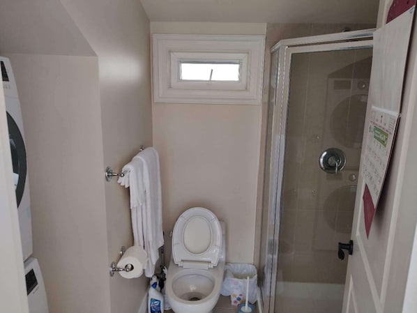 A bathroom with a toilet, a shower, and a window.