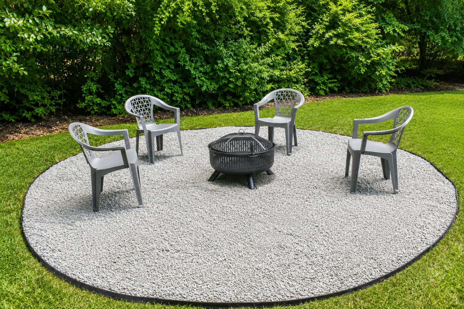 A circular outdoor seating area with a fire pit and four chairs.