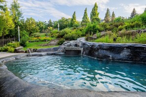 En naturlig pool med ett vattenfall, omgiven av frodig grönska och träd.