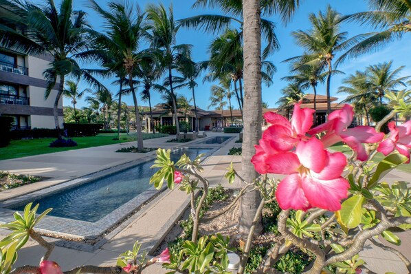 A resort with a pool, palm trees, and a building with balconies.