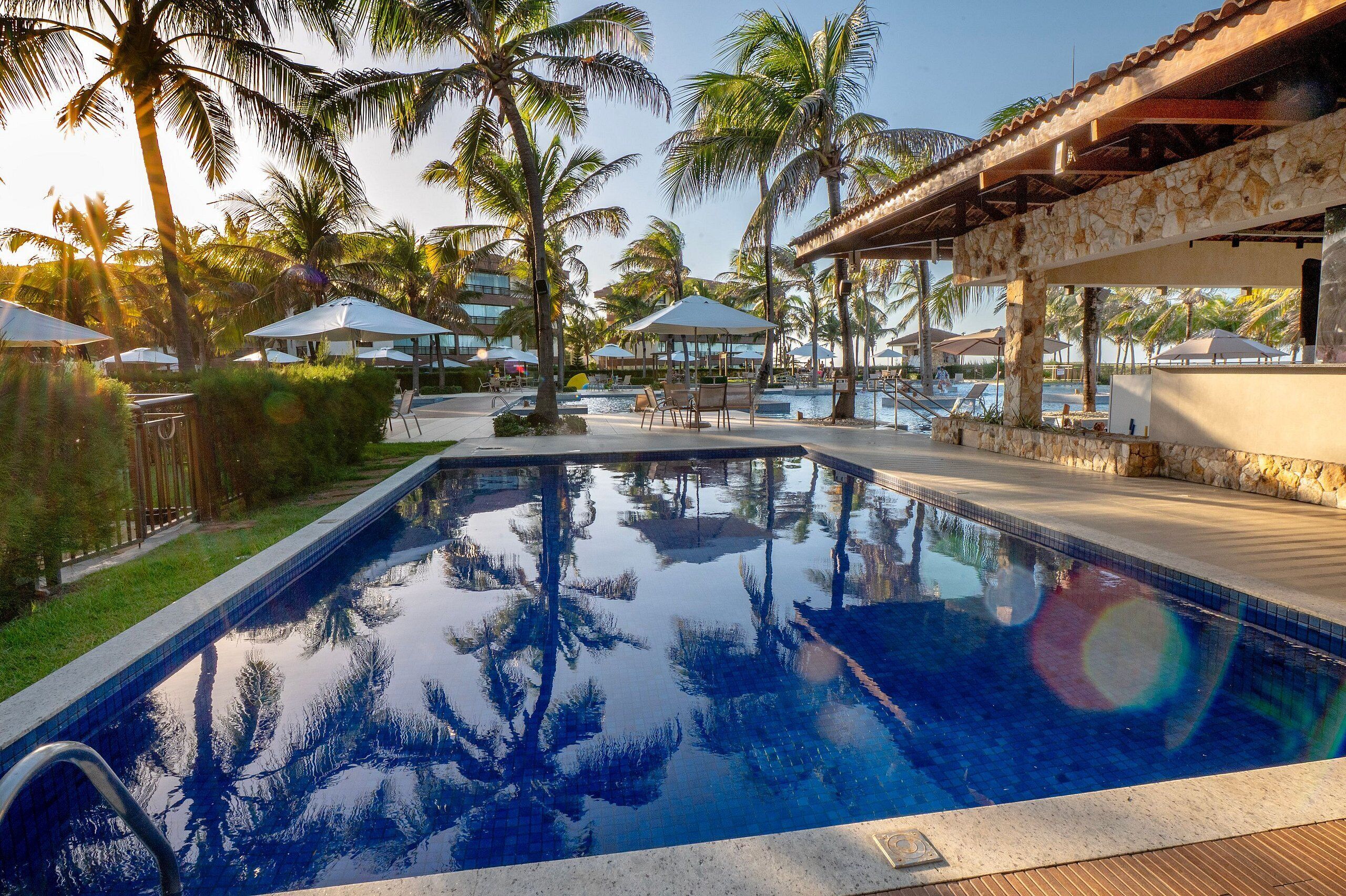 Una piscina con agua cristalina, rodeada de palmeras y sombrillas.
