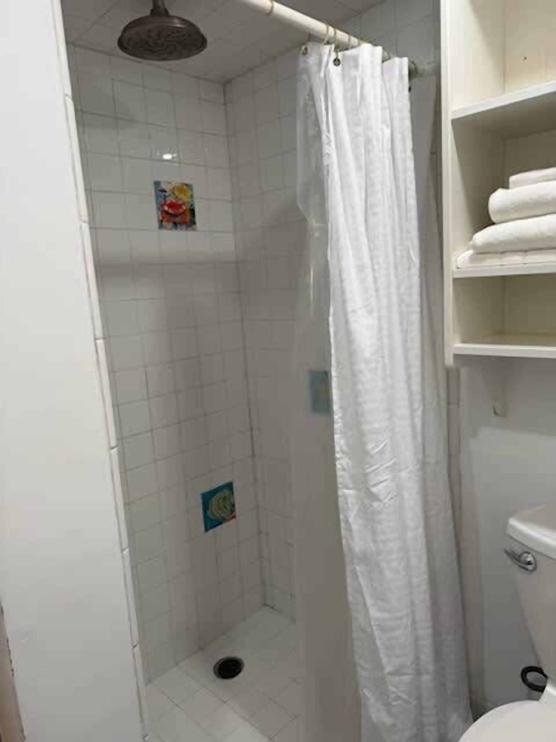 Shower, hair dryer, towels, shampoo