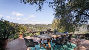 An outdoor dining area with a table and chairs, surrounded by potted plants and overlooking a hilly landscape.