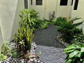 A garden pathway with a variety of plants and a gravel surface. - Spacious 3-bedroom apartment with Office in San Salvador. (San Salvador)