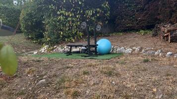 Ein Fitnessbereich mit Außenfitnessgeräten, darunter eine Langhantel, Gewichte und eine große Trainingskugel.