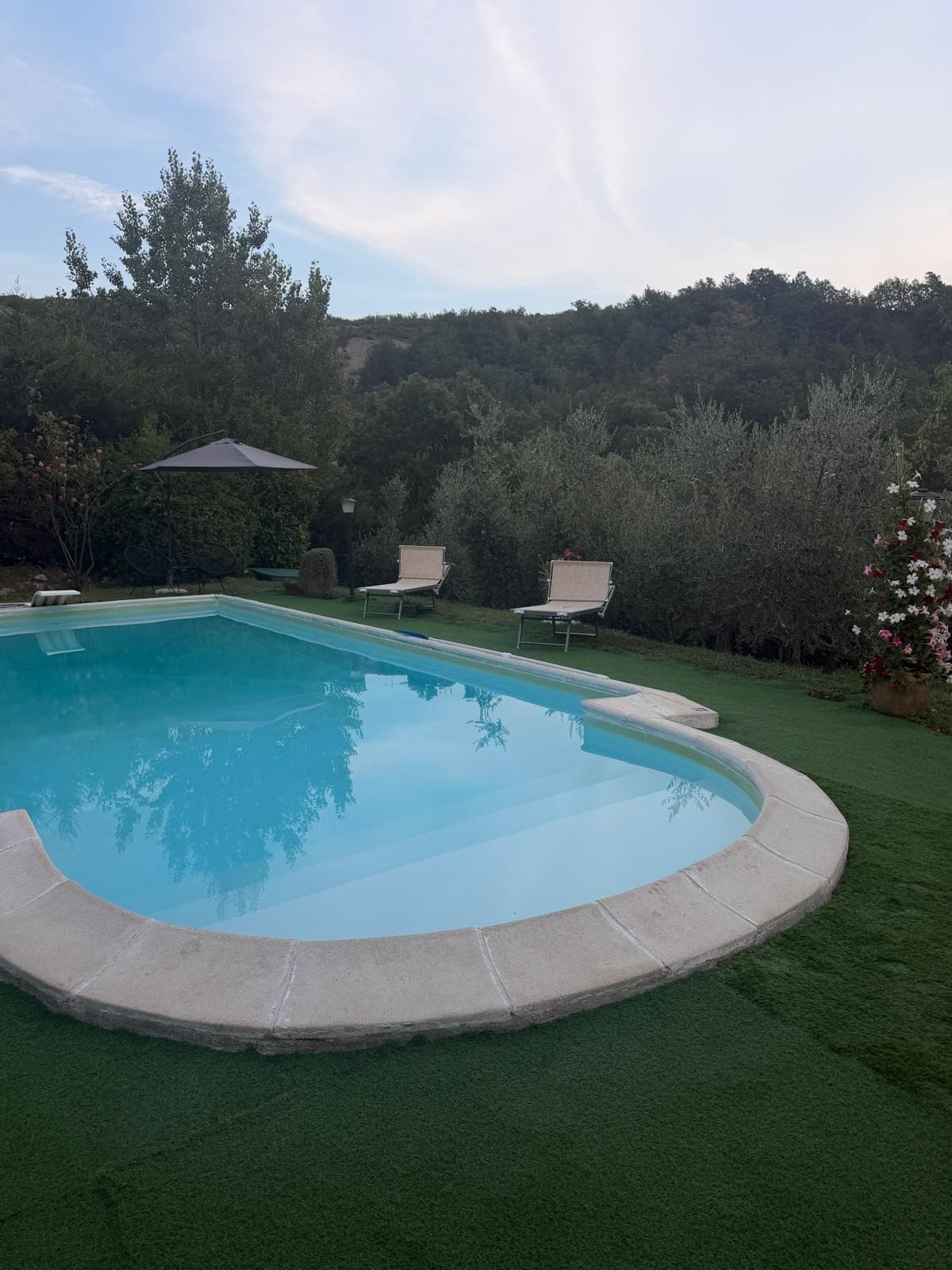 Une piscine entourée d’une pelouse et agrémentée de quelques chaises longues.