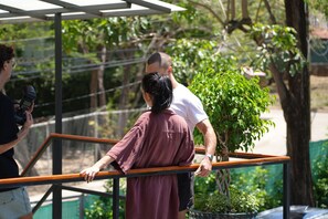 Une personne se tient sur la balustrade d’un balcon, avec un pot de fleurs à ses côtés.