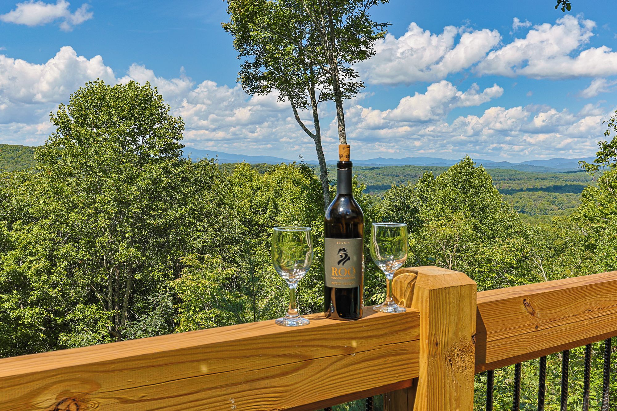 A bottle of wine on a wooden deck with a scenic view of trees and mountains in the background.