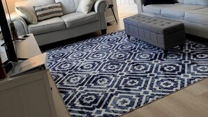 Ein Wohnzimmer mit einem gemusterten Teppich, zwei Sofas, einem Couchtisch und einem Kunstwerk mit einem Seestern an der Wand.