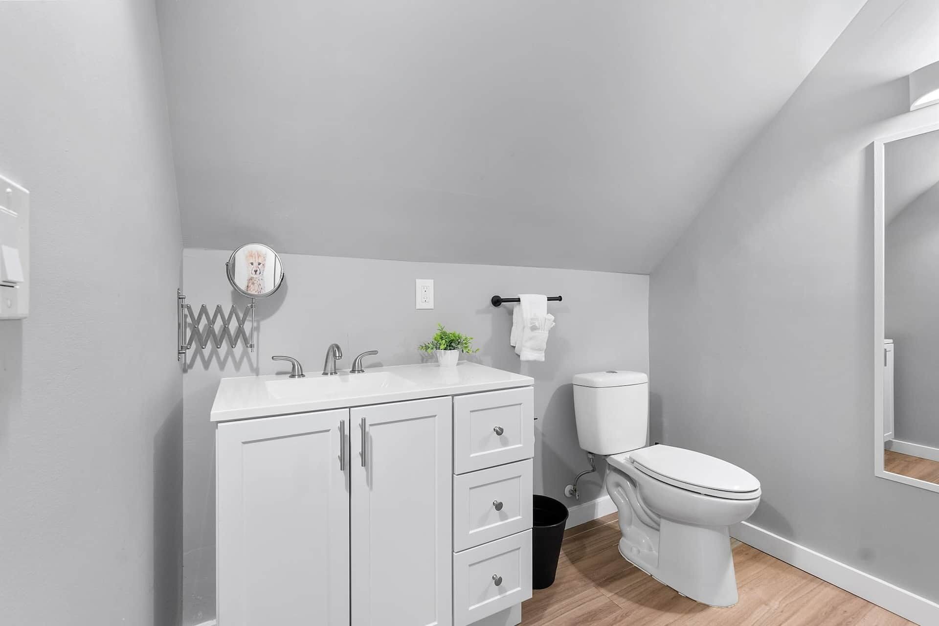 Un baño moderno con un tocador blanco, un espejo redondo, un inodoro y una planta pequeña sobre el lavabo.