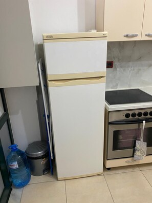 A kitchen with a white refrigerator, a stove, and a trash bin. - Aura Holiday Home - Golem (Golem)