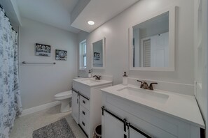 Hair dryer, bidet, towels, soap