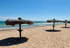 Ein Strand mit reetgedeckten Sonnenschirmen und sandigem Ufer.