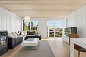A modern living room with a sofa, coffee table, TV, and a fireplace. - Cosy holiday home near Kerteminde (Kerteminde)