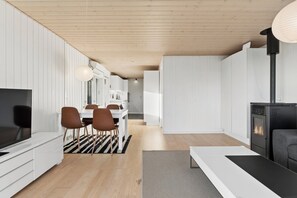 A modern living room with a flat-screen TV, a sofa, and a fireplace. - Cosy holiday home near Kerteminde (Kerteminde)