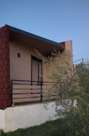 A modern building with a flat roof, a door, and a small porch with a railing.