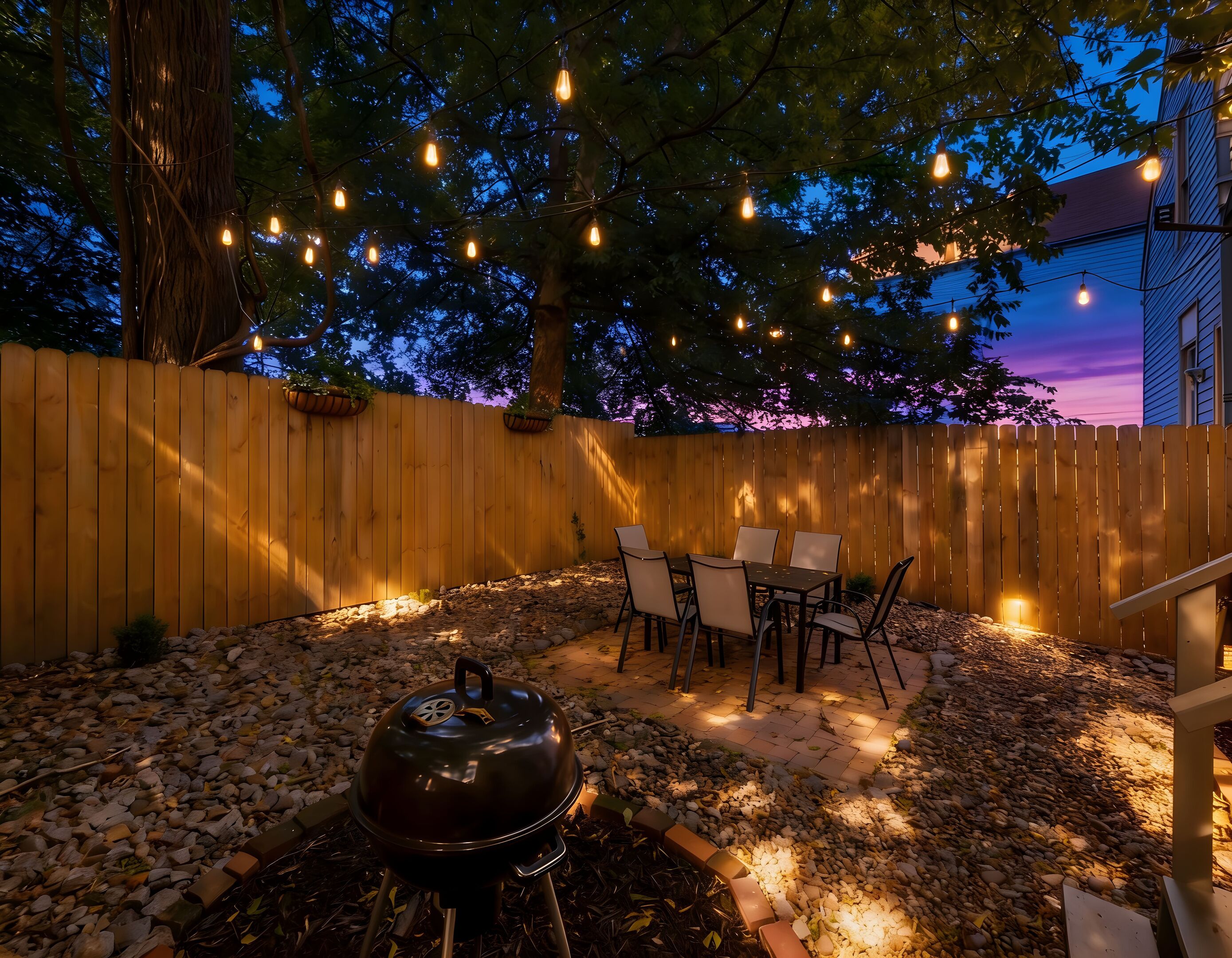 An outdoor patio area with a wooden fence, a table with chairs, and string lights.