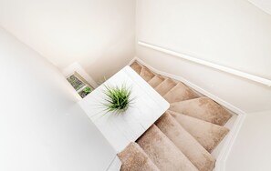 A staircase with beige carpeted steps leading to a landing with a white table and a potted plant. - Louisville Charm | 3BR | King Beds | Private Yard (Louisville)