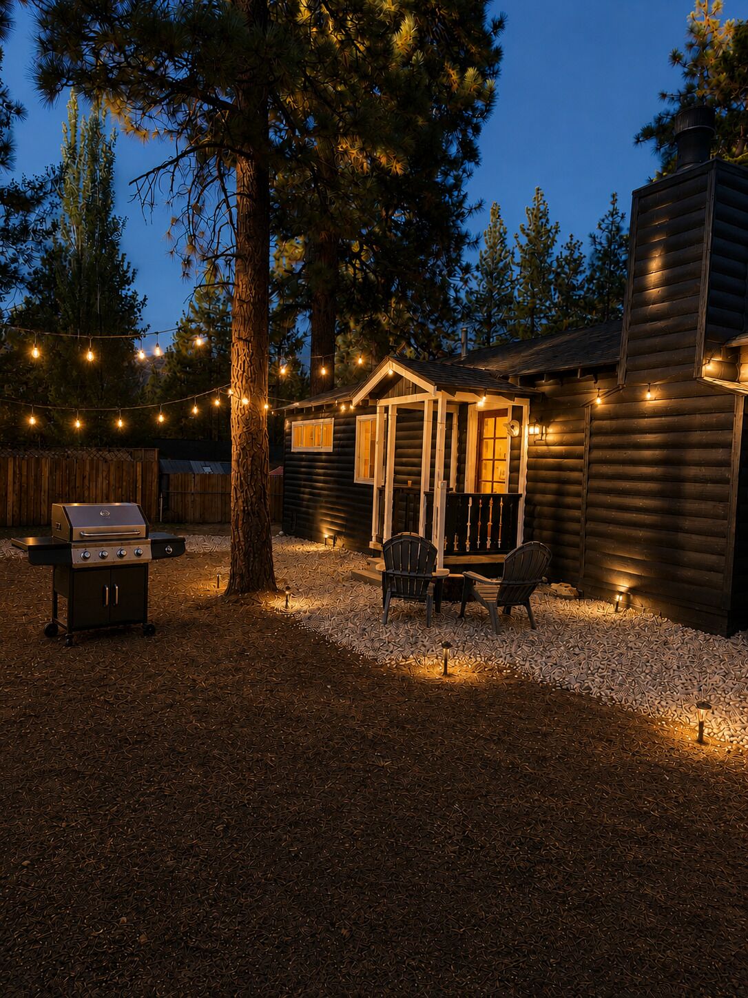 A log cabin with a porch, outdoor seating, and string lights.