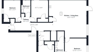 A floor plan with two bedrooms, two bathrooms, a hallway, and a kitchen/living area. - Owl's Head Haven 235-4 Bed House-Unfurnished (Freeport)