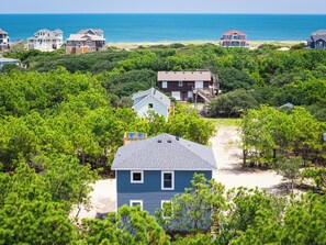 Área residencial costeira com casas rodeadas por vegetação densa e uma praia ao fundo.