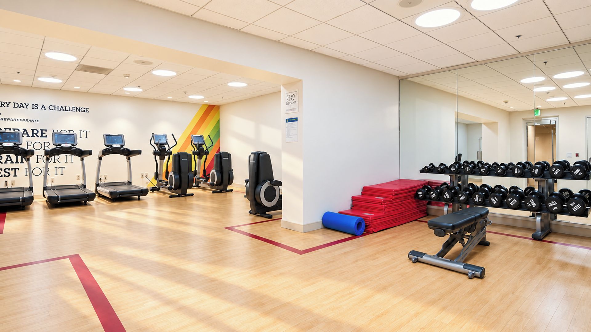Une salle de sport équipée de tapis de course, de vélos elliptiques, d’un banc de musculation et d’haltères.