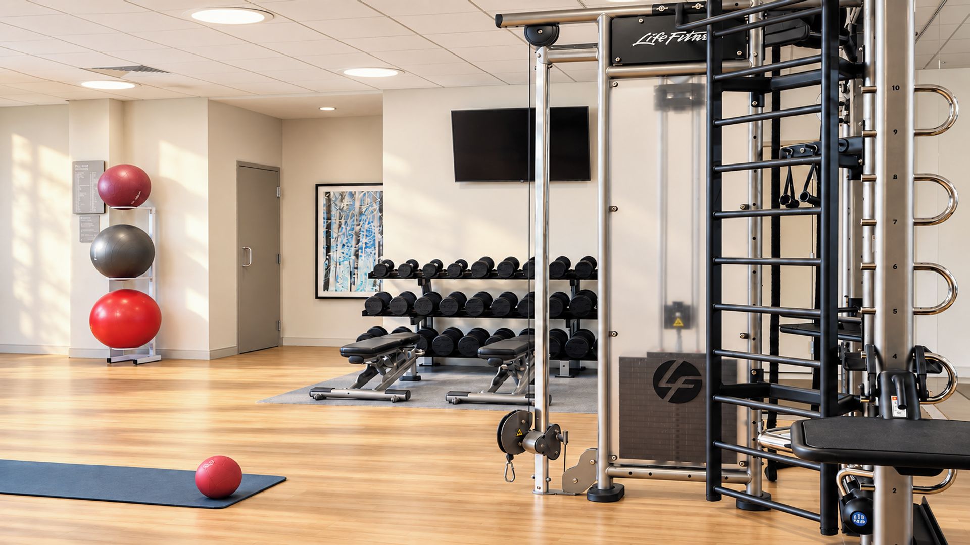 Een fitnessruimte met trainingsapparatuur, gewichtrekken en fitnessballen.