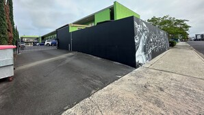A building with a green facade and a black wall with a mural.